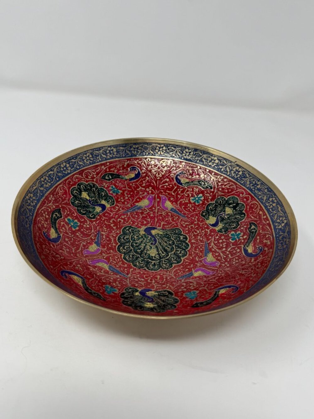 Vintage Brass Enamel Peacock Footed Bowl 8”